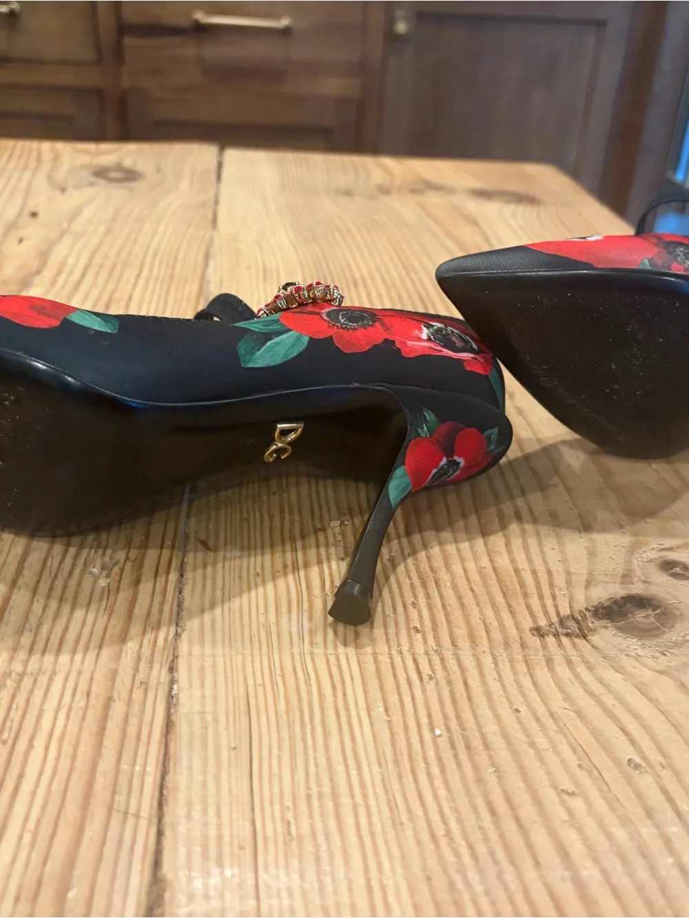 Dolce & Gabbana Black and Red Floral Mary Jane Stiletto Heels with Jewel Accent